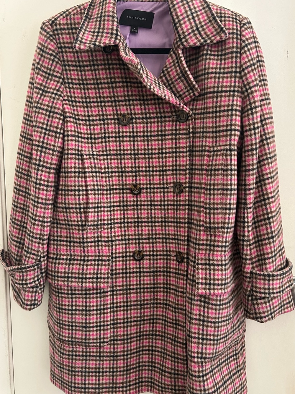 Ann Taylor Pink and Black Plaid Double-Breasted Pea Coat